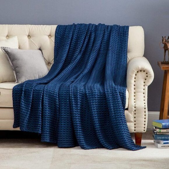 COTTON Waffle Weave Bamboo Blanket King Size Navy Soft Lightweight Bed Blanket - Picture 1 of 7
